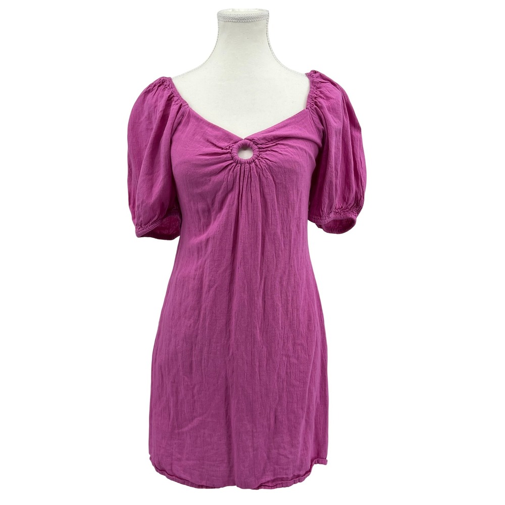 Sim & Sam Womens Magenta Pink Puff Sleeve O-Ring Mini Dress Size M Smocked Back